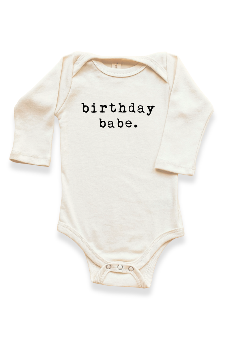 Birthday Babe - Organic Long Sleeve Baby Bodysuit, Main, color, Natural Black Lettering