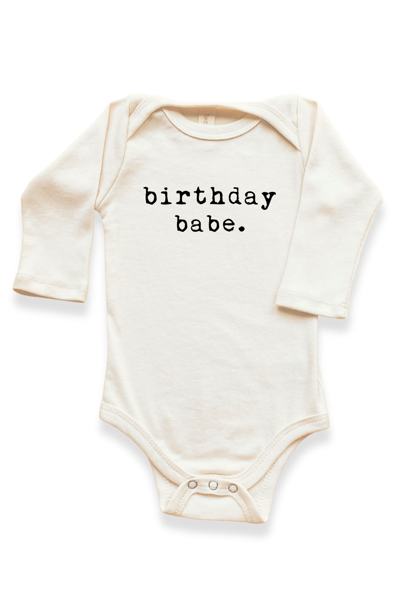 Tenth & Pine Birthday Babe - Organic Long Sleeve Baby Bodysuit, Main, color, Natural Black Lettering