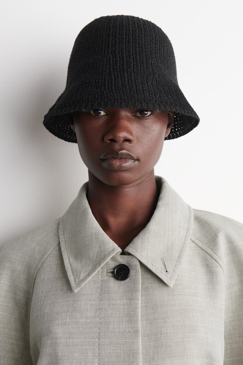 Open-Knit Bucket Hat, Main, color, BLACK