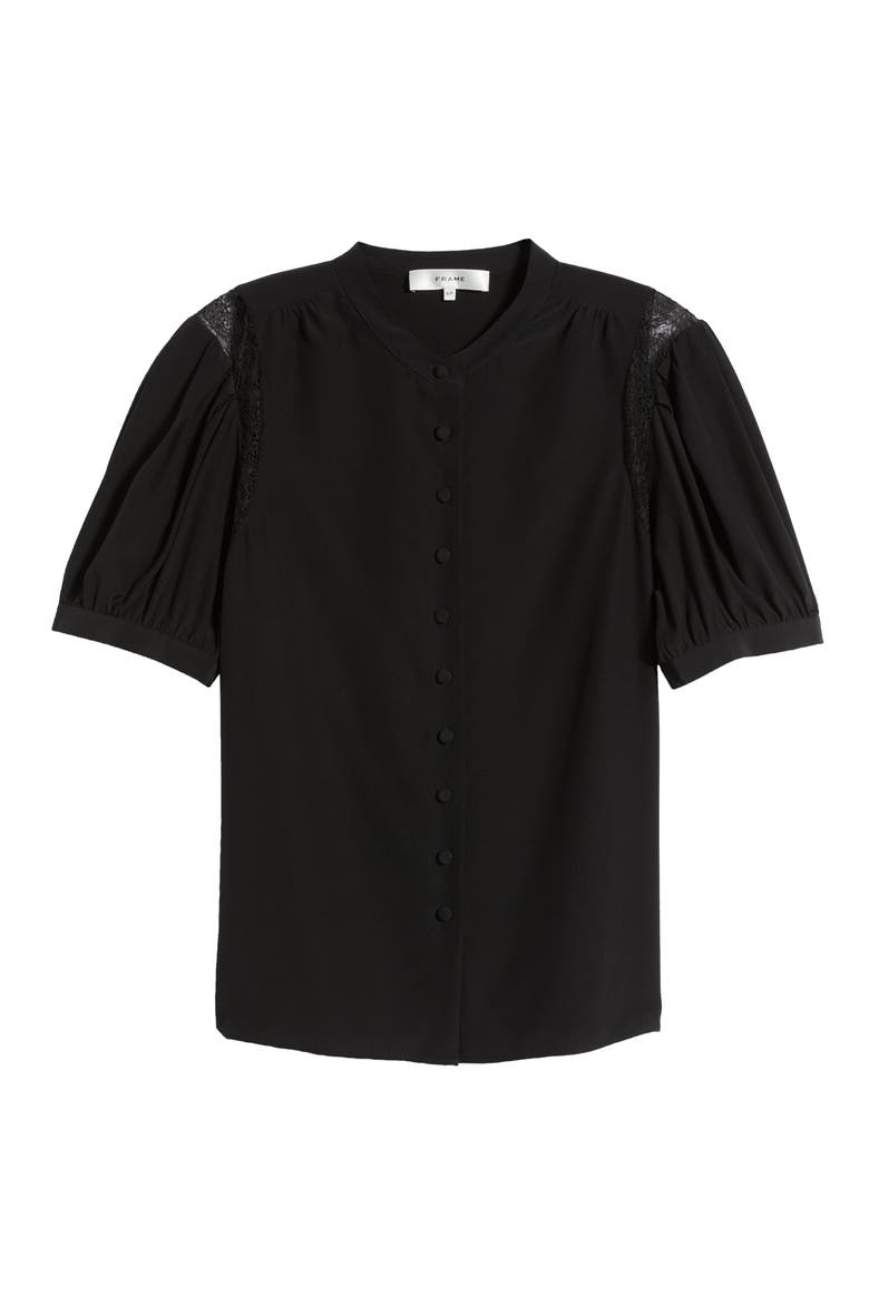 Lace Inset Silk Button-Up Shirt, Alternate, color, BLACK