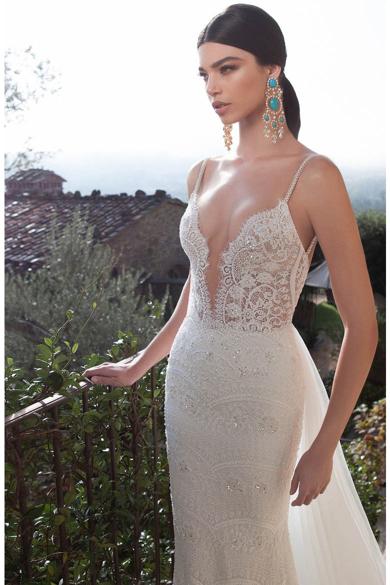 Embellished Lace Column Gown with Detachable Train, Alternate, color, IVORY