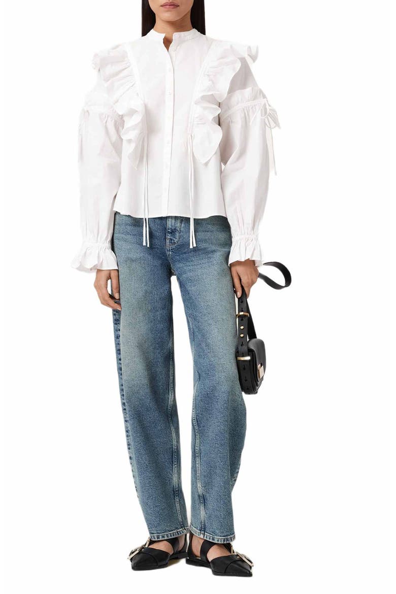 Lulu Ruffle Ruched Cotton Button-Up Shirt, Alternate, color, OPTIC WHITE