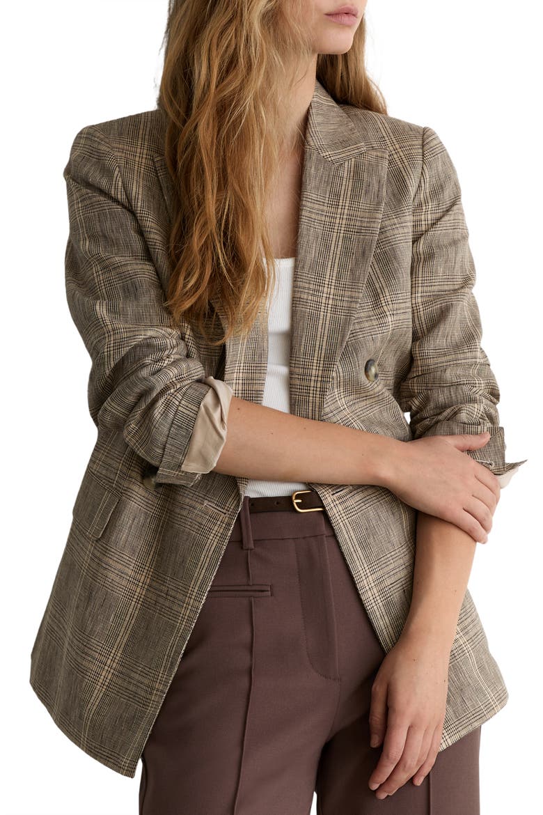 Sybil Check Double Breasted Linen Blazer, Main, color, NEUTRAL CHECK