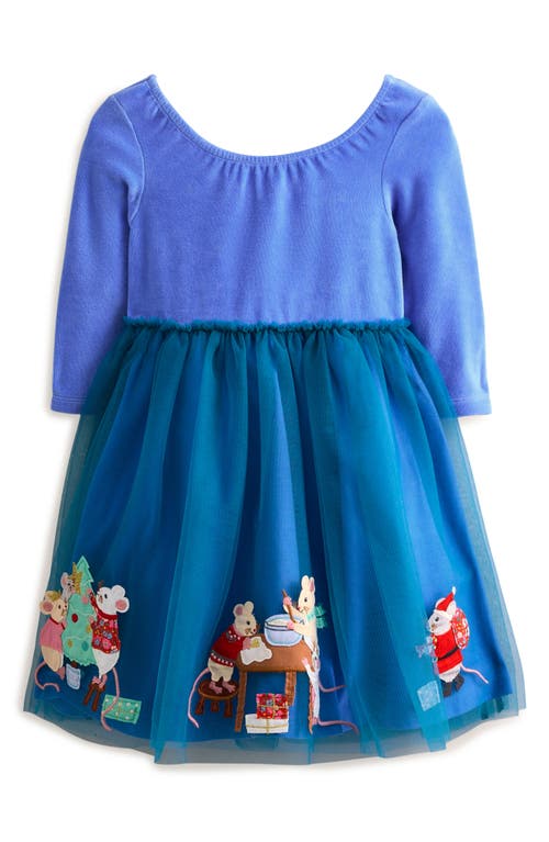 Mini Boden Kids' Velvet Tulle Appliqué Dress in Bluejay Festive Mice 