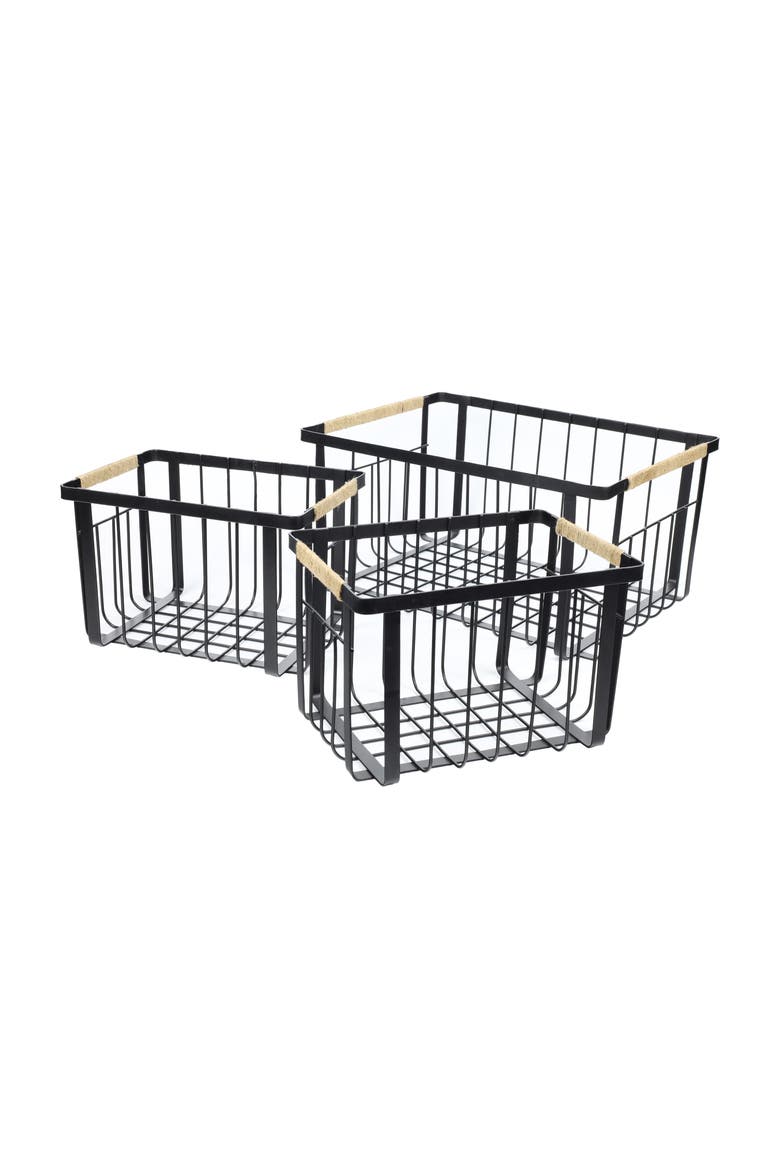 Henley Vintage Farmhouse Handmade Wire Metal Nesting Storage Baskets with Jute Wrapped Handles, Main, color, Black
