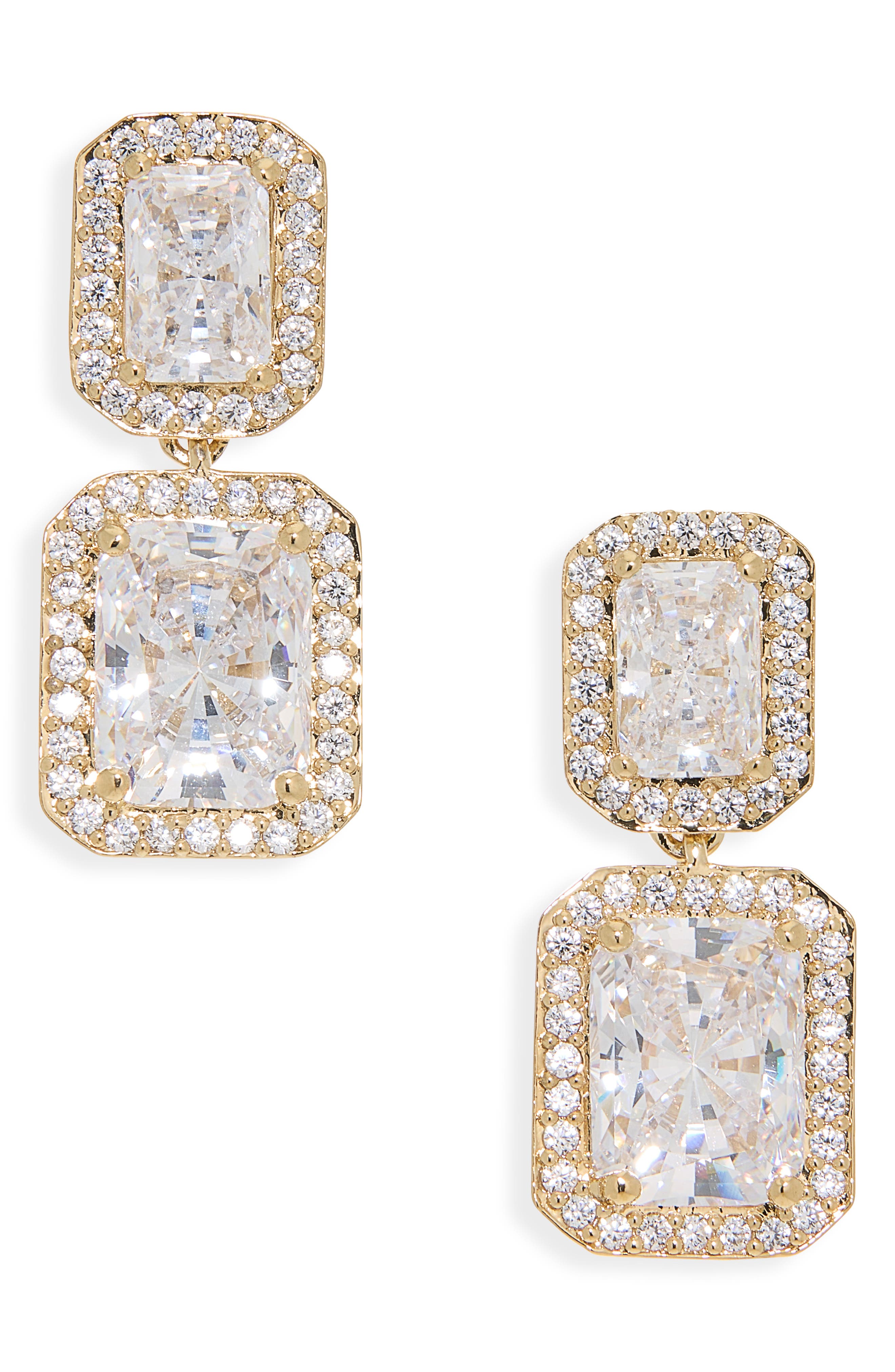 Emerald Cut Halo Drop Earrings
