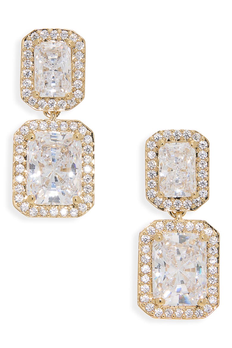 Emerald Cut Halo Drop Earrings, Main, color, GOLD