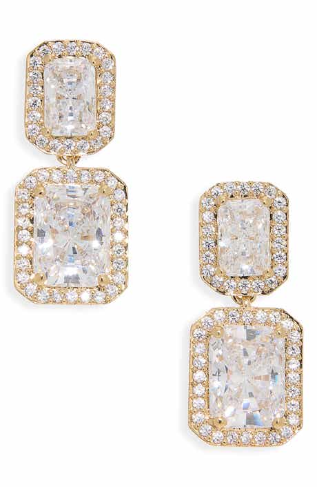 Emerald Cut Halo Drop Earrings