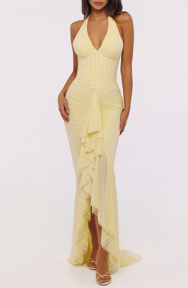 HOUSE OF CB Carmine Ruched Mesh Halter Dress, Main, color, Lemon Yellow