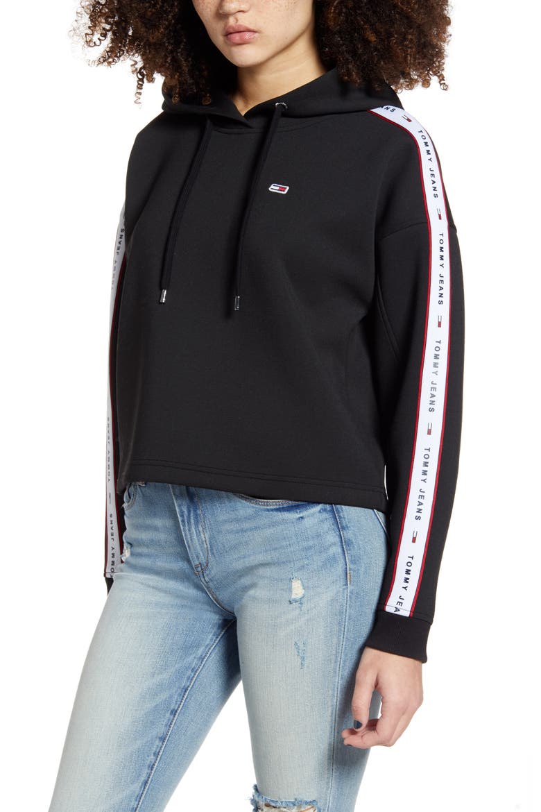 Logo Tape Crop Hoodie, Main, color, BLACK