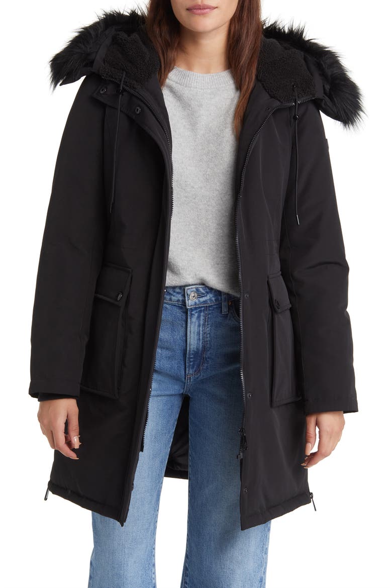 Faux Fur Trim Parka, Alternate, color, BLACK