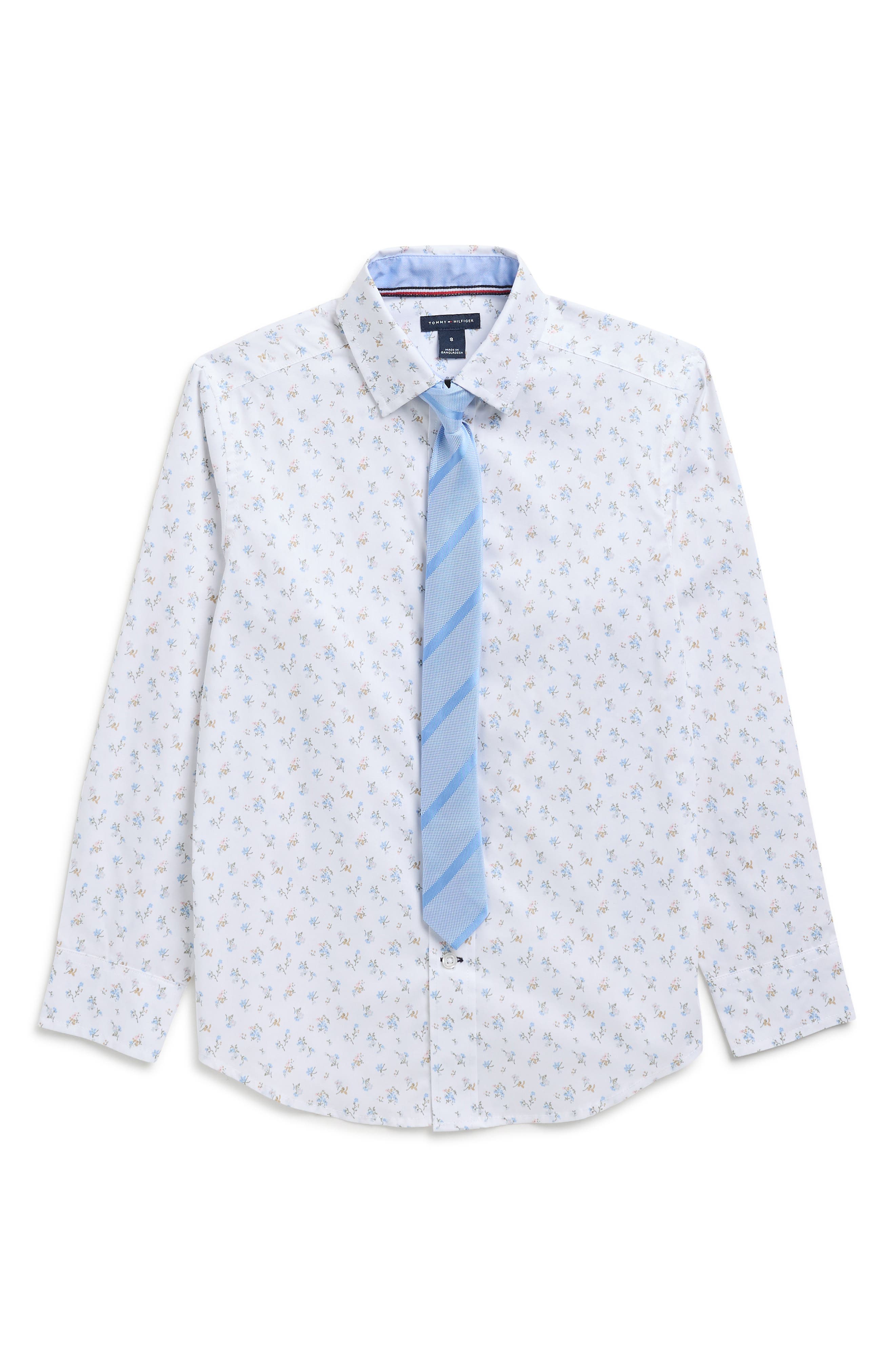 Tommy Hilfiger Kids' Floral Print Stretch Dress Shirt with Tie