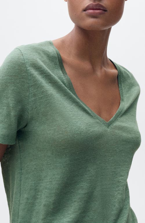 Mango V-neck Linen T-shirt In Green