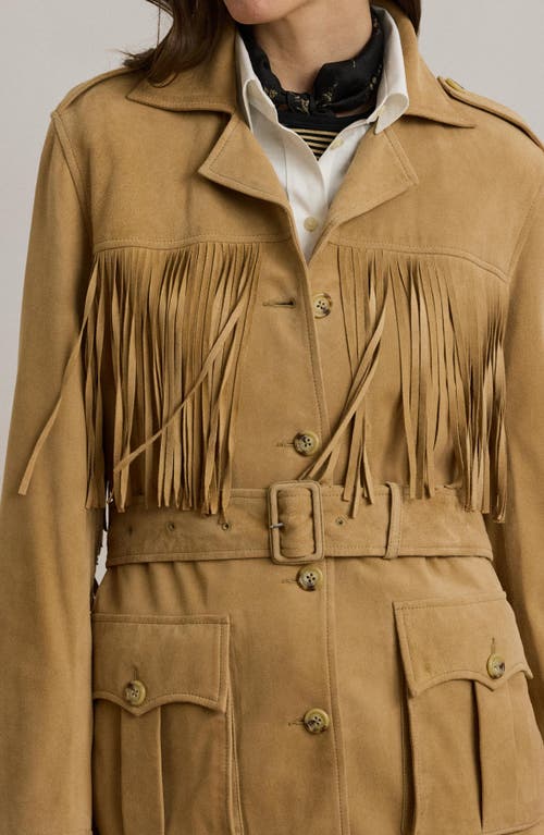 Ralph Lauren Fringe-trim Belted Goat-suede Jacket In Brown