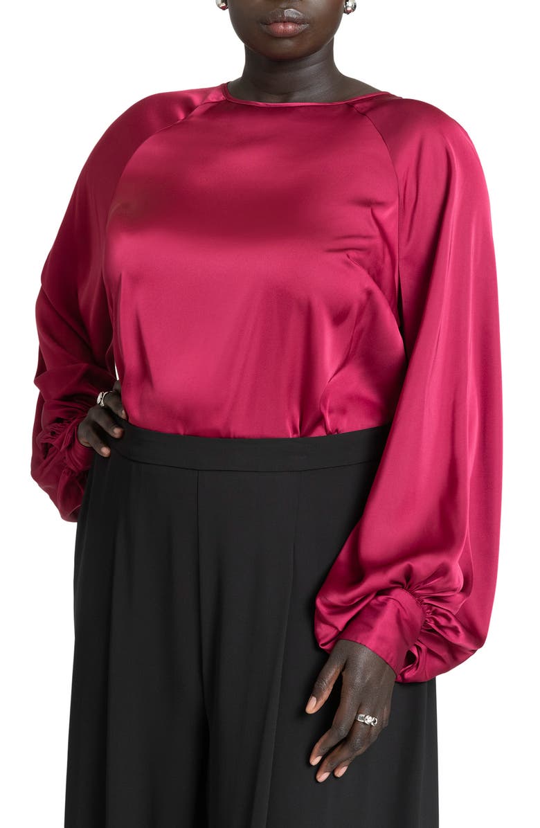 ELOQUII Poet Sleeve Tie Back Satin Top, Main, color, 