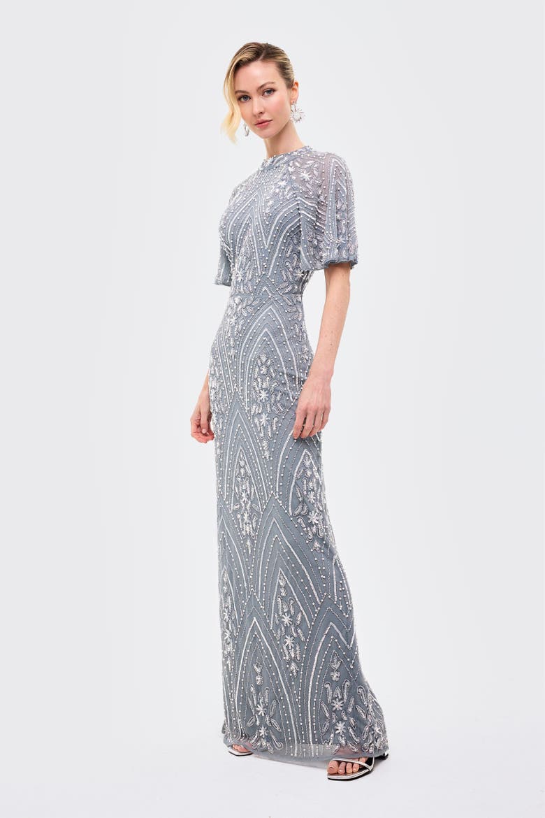 Embellished Sequins High Neck Gown, Alternate, color, MISTY GREY