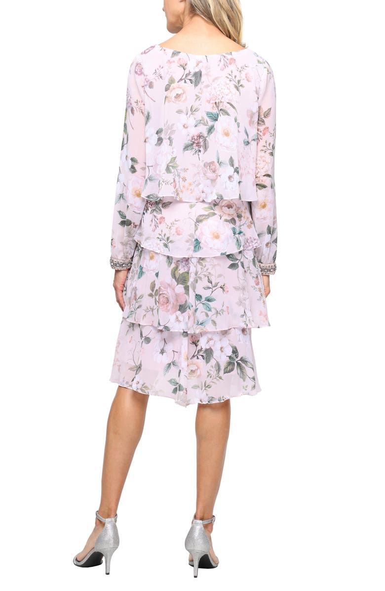 SL FASHIONS Floral Long Sleeve Tiered Cocktail Dress, Alternate, color, Blush Multi