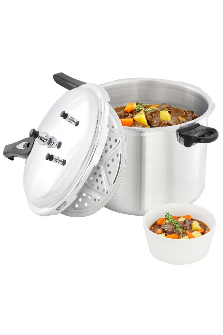 11.5 Quart Induction and Stovetop Pressure Cooker with Steamer, Main, color, Silver