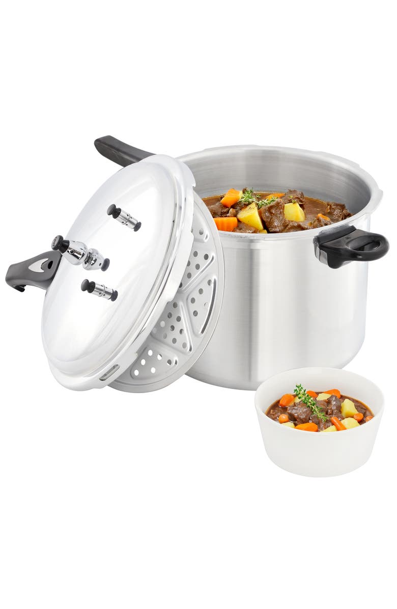 Megachef 11.5 Quart Induction and Stovetop Pressure Cooker with Steamer, Main, color, Silver
