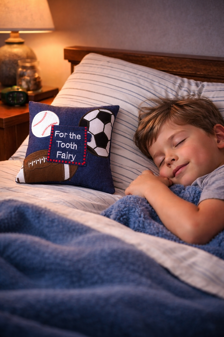 "For the Tooth Fairy" Embroidered Small/Petite Size Accent Pillow, 6" x 6", Alternate, color, Blue