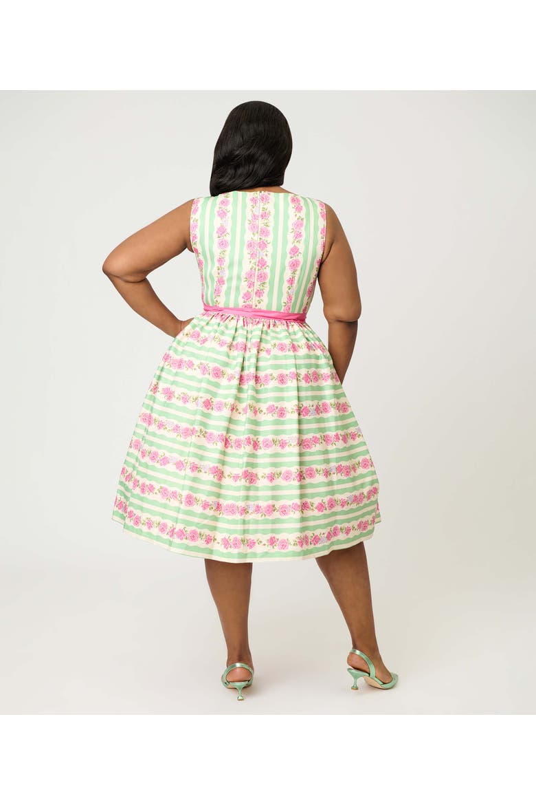 Plus Size Sleeveless Belted Swing Dress, Alternate, color, Green & Pink Floral Print