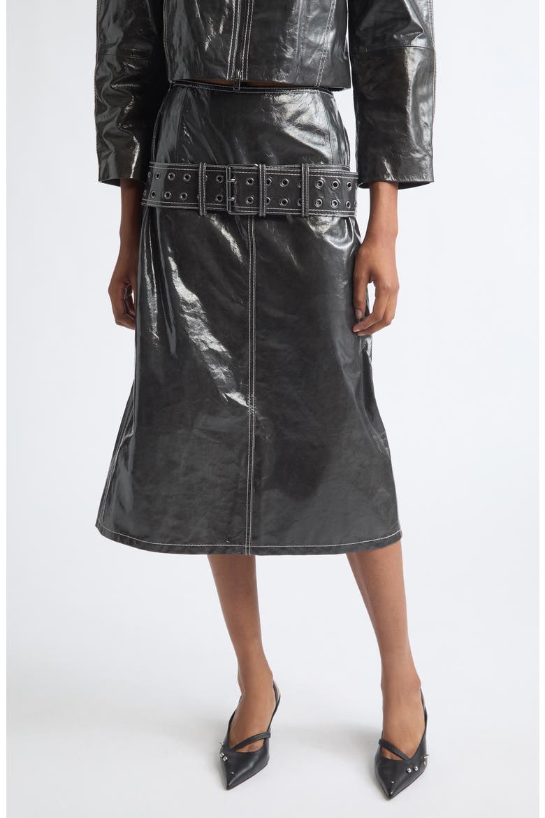 L-Ascar Belted Patent Leather Midi Skirt, Main, color, GREY