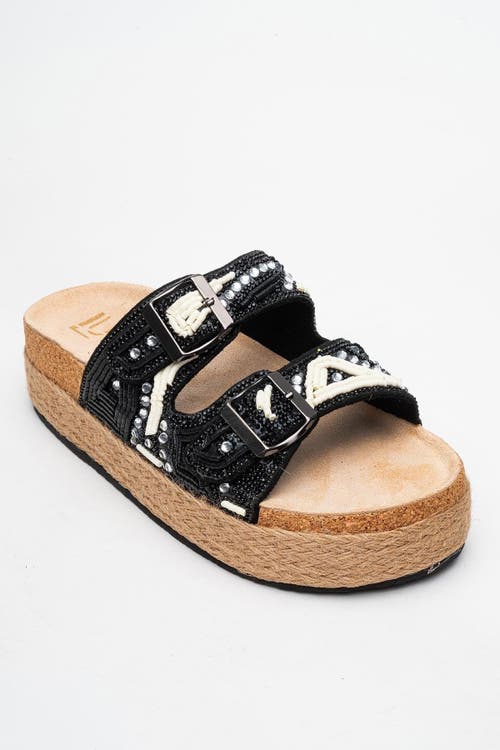 Prologue Shoes Bobby Beaded Straw Platform Slide Sandal In Black