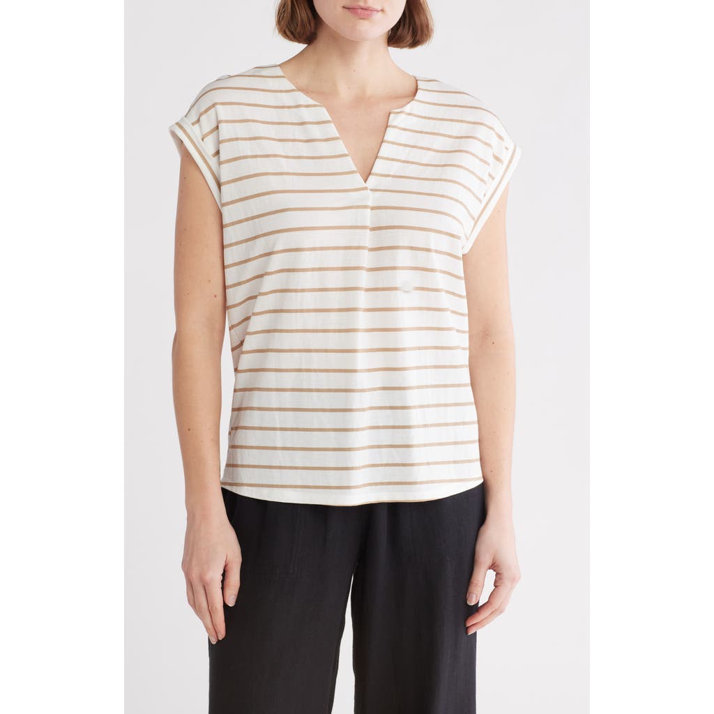 Bobeau Dolman Sleeve Piqué T-shirt In Ivory/light Tau Pencil Stripe