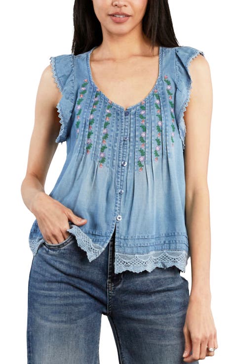 Floral Embroidered Pintuck Top