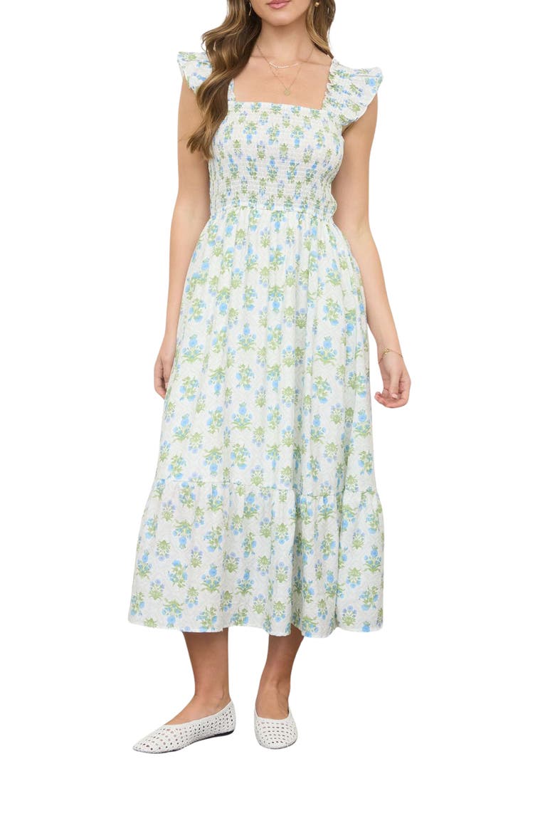 Floral Tile Smocked Midi Dress, Main, color, BLUE MULTI