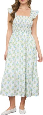 Blu Pepper Floral Tile Smocked Midi Dress