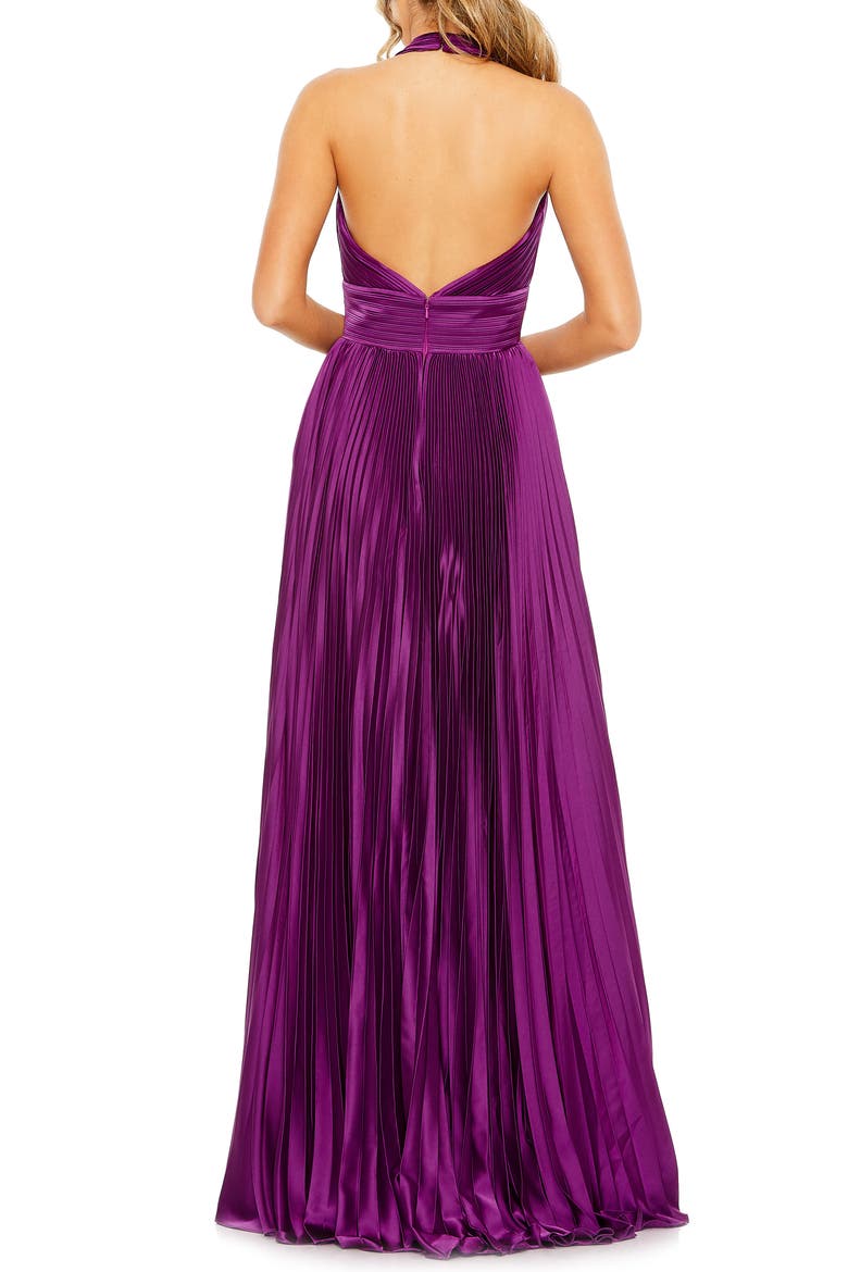 Pleated Halter Neck Satin Gown, Alternate, color, PLUM