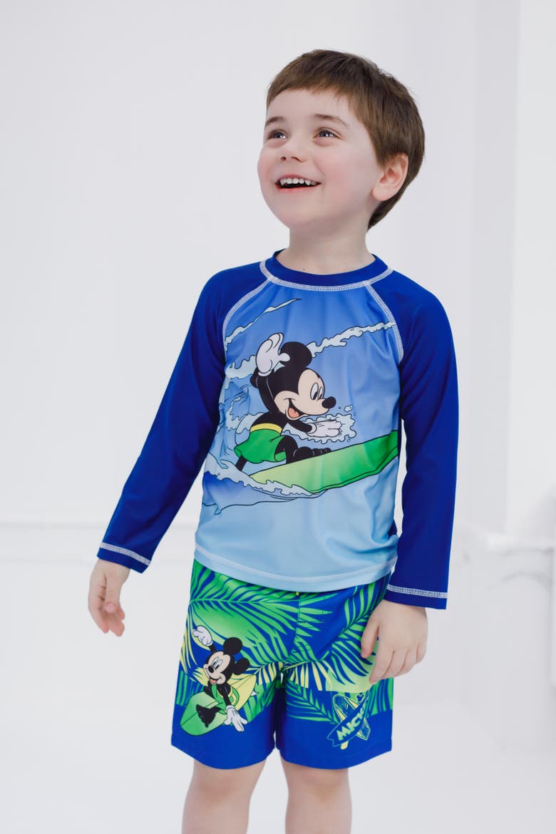 Mickey Mouse Swimwear 2-Piece Rash Guard and Swim Trunks Set, Alternate, color, Mickey Tropical Navy