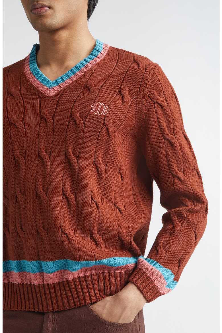 Cable Knit Cotton Tennis Sweater, Alternate, color, BROWN