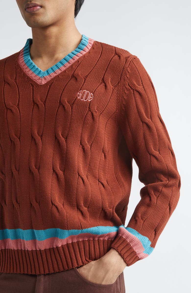 Bode Cable Knit Cotton Tennis Sweater, Alternate, color, Brown