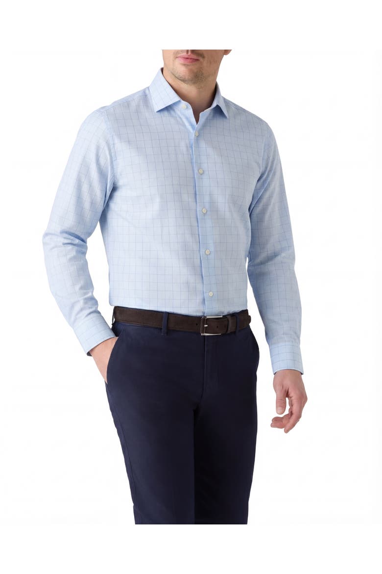 Reynolds Blue Windowpane Cotton Linen Blend Shirt in Contemporary fit, Main, color, Blue