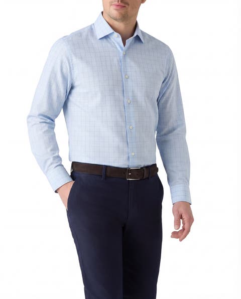 Reynolds Blue Windowpane Cotton Linen Blend Shirt in Contemporary fit