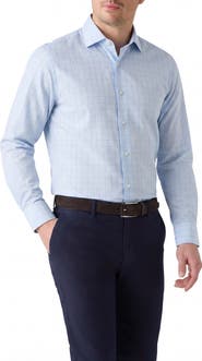 Robert Talbott Reynolds Blue Windowpane Cotton Linen Blend Shirt in Contemporary fit