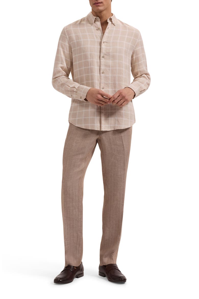 Austin Shaped Fit Windowpane Check Linen & Cotton Button-Down Shirt, Alternate, color, DESERT