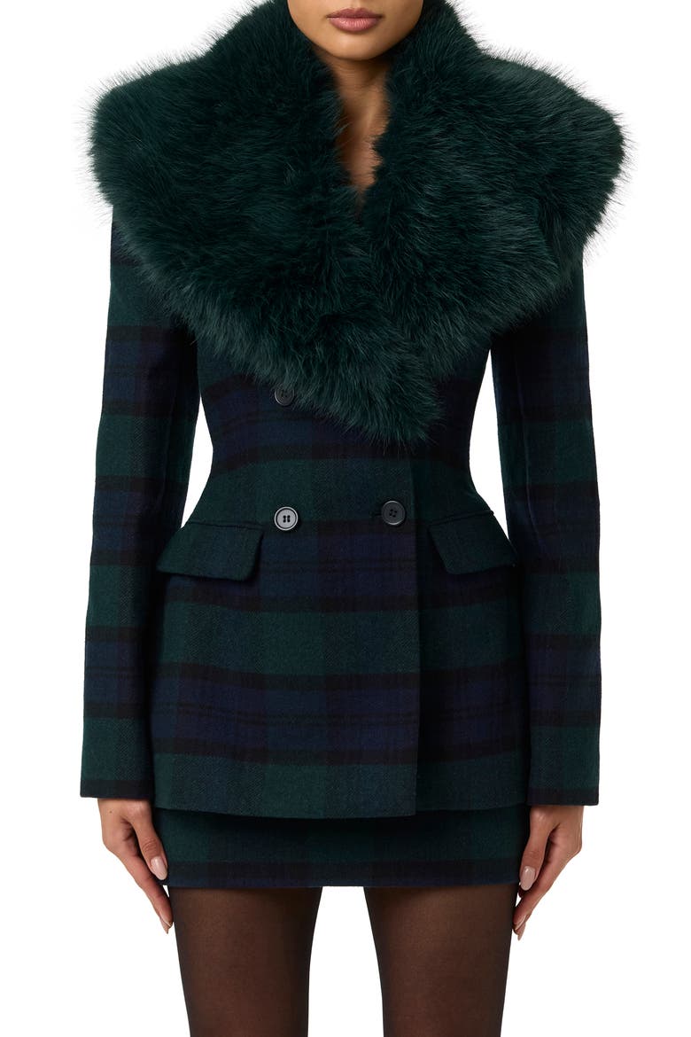 Plaid Faux Fur Collar Wool Blend Blazer, Main, color, EMERALD