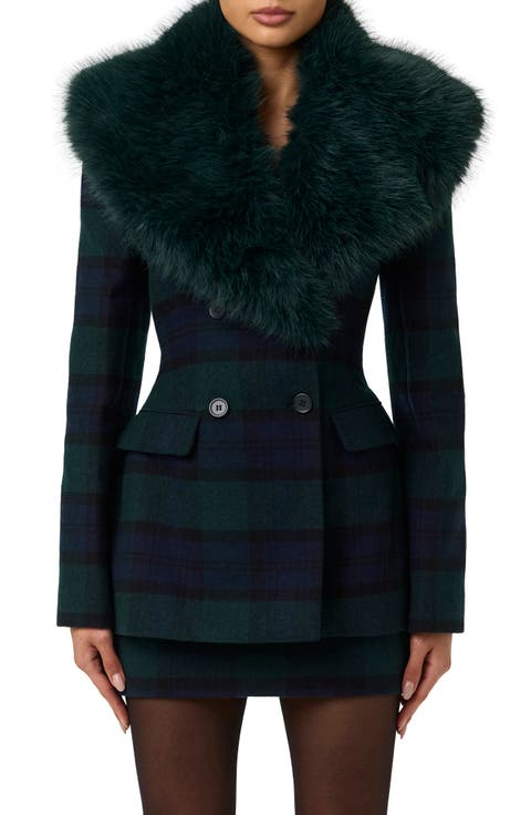Plaid Faux Fur Collar Wool Blend Blazer