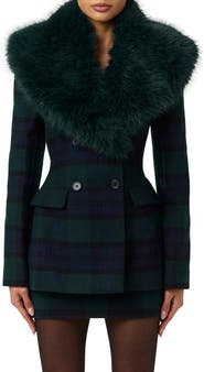Naked Wardrobe Plaid Faux Fur Collar Wool Blend Blazer