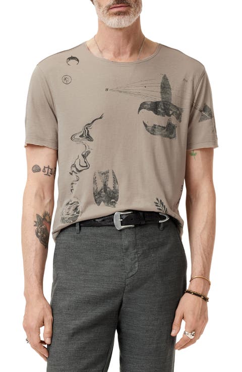Raw Edge Double Layer Doodle Print T-Shirt