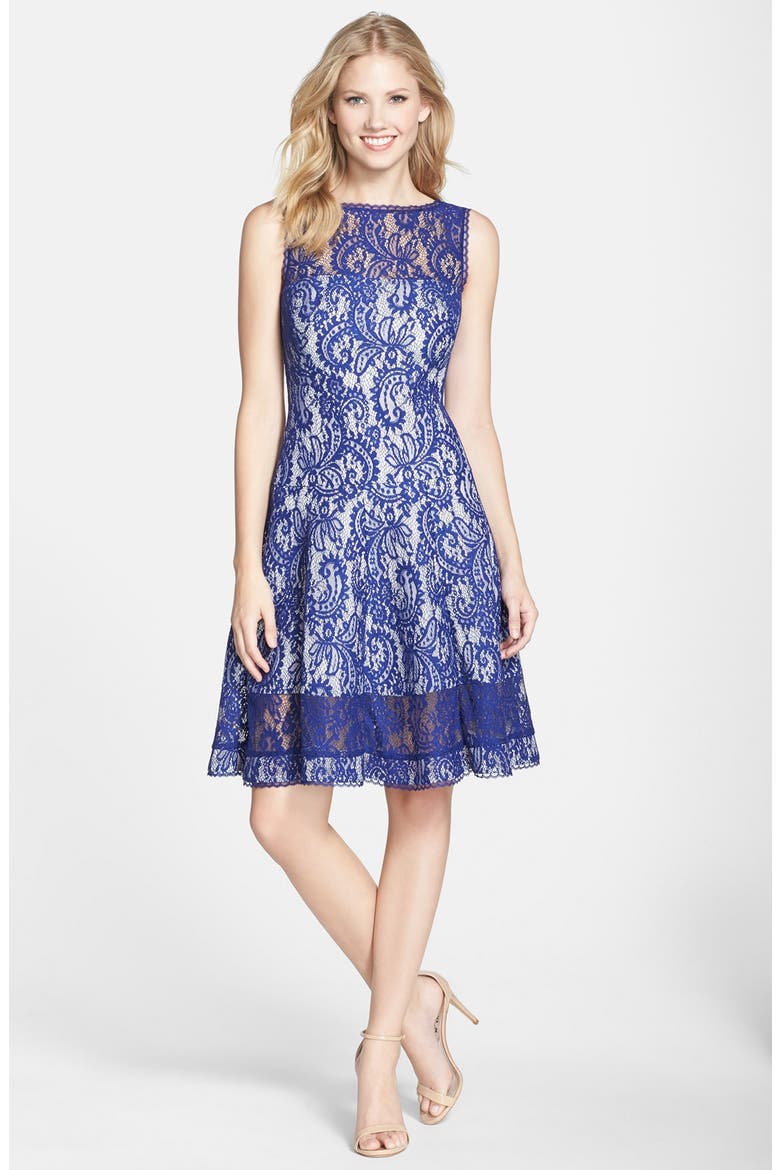 Bonded Lace Fit & Flare Dress, Alternate, color, DEEP LAGOON