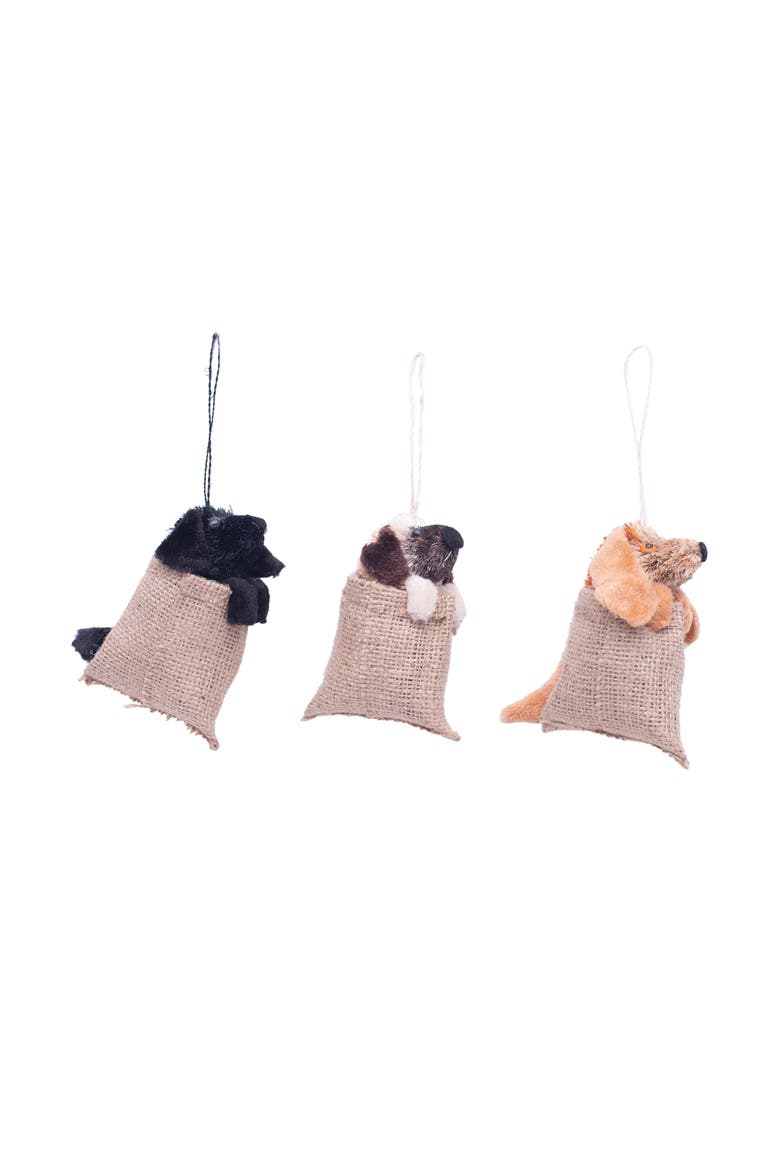 Dog in Feed Sack Buri Christmas Tree Ornament Set of 3, Main, color, Brown