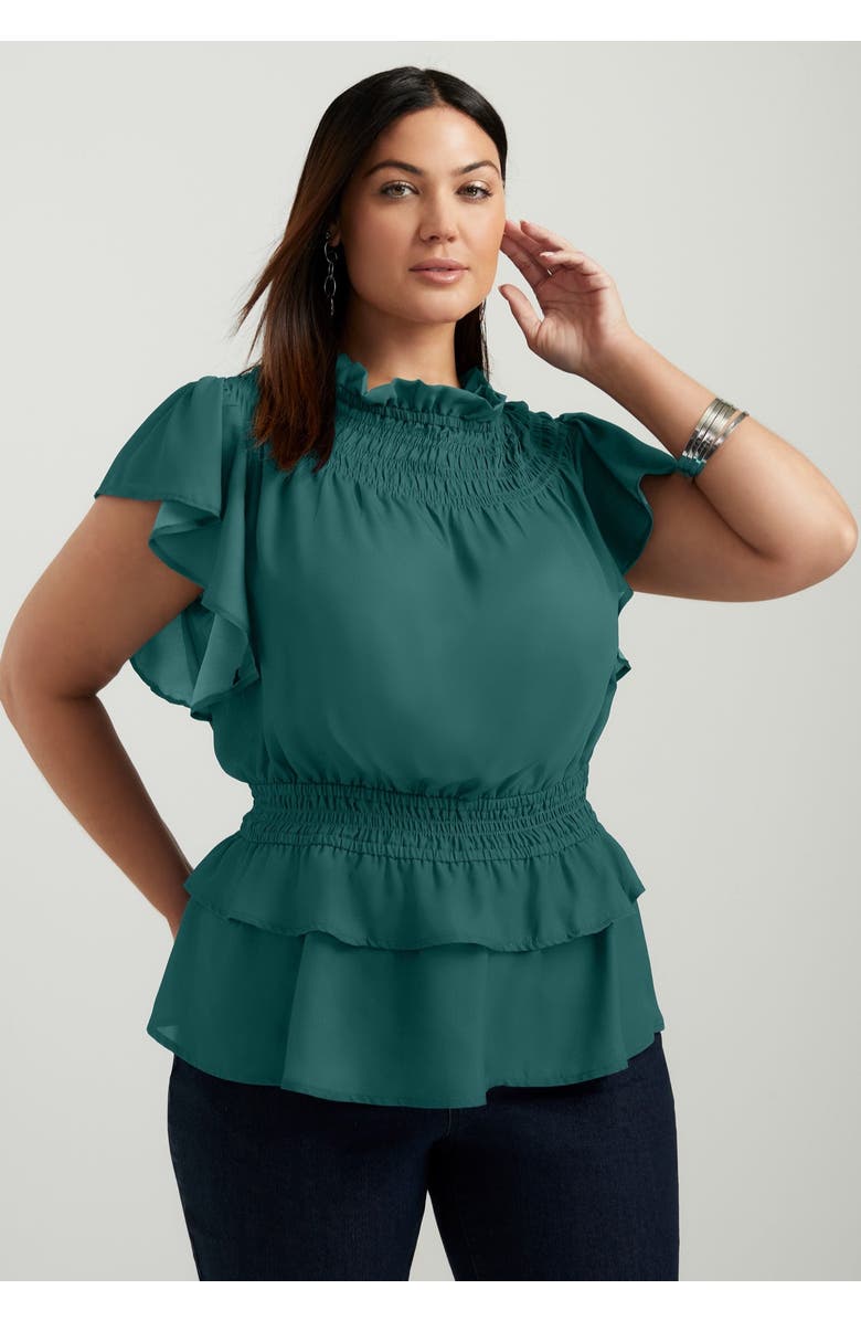 June + Vie Mockneck Ruffle Blouse, Alternate, color, Bayberry