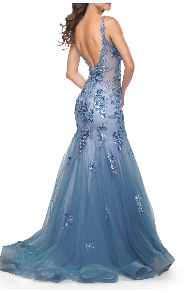 La Femme Mermaid Two Tone Prom Dress with Sequin Lace Beaded Applique, Alternate, color, Slate Blue