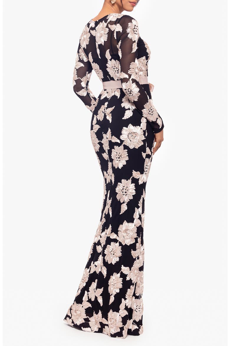 Soutache Long Sleeve Mesh Gown, Alternate, color, BLACK/ CHAMPAGNE