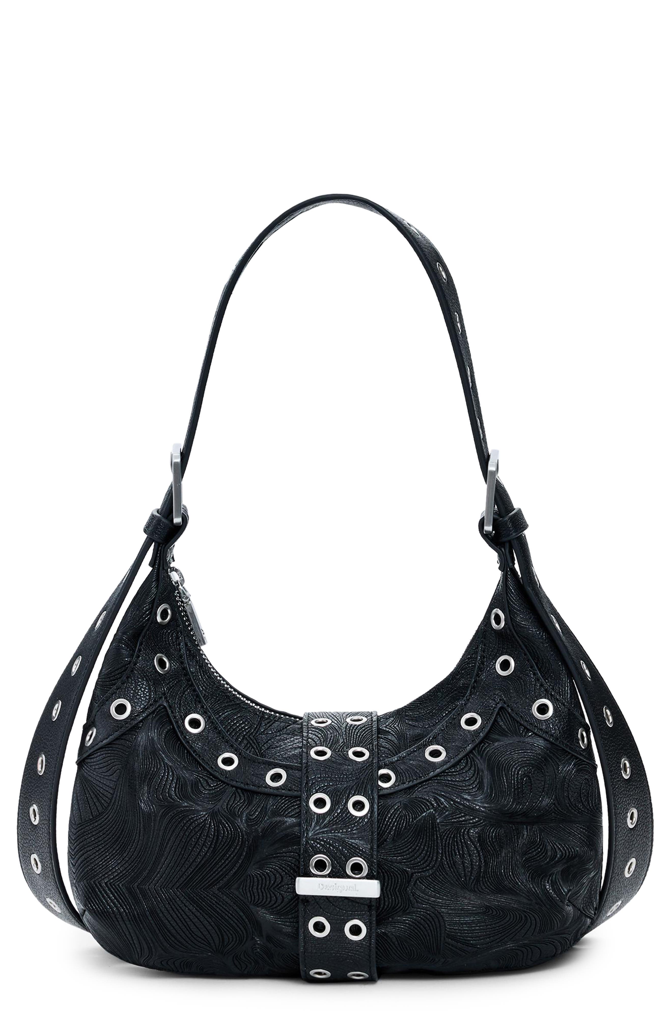 Desigual Grommet Faux Leather Shoulder Bag, Main, color, Black