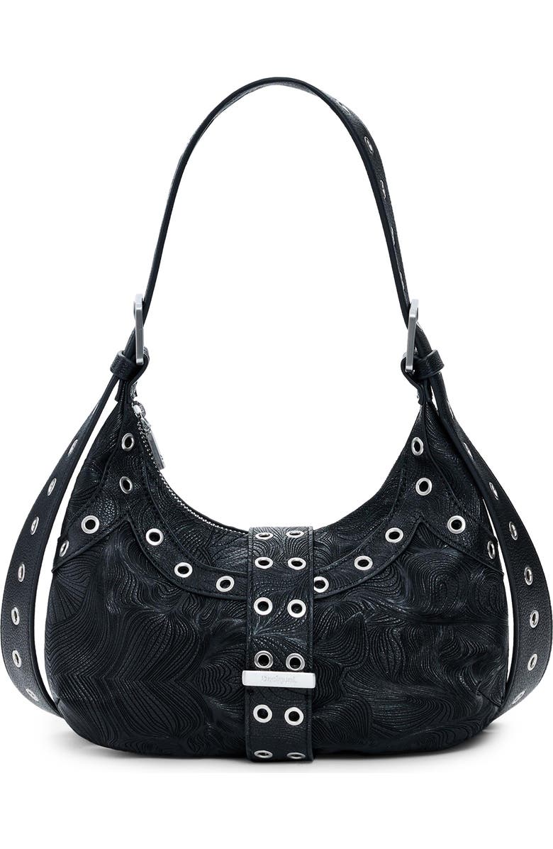 Desigual Grommet Faux Leather Shoulder Bag, Main, color, Black